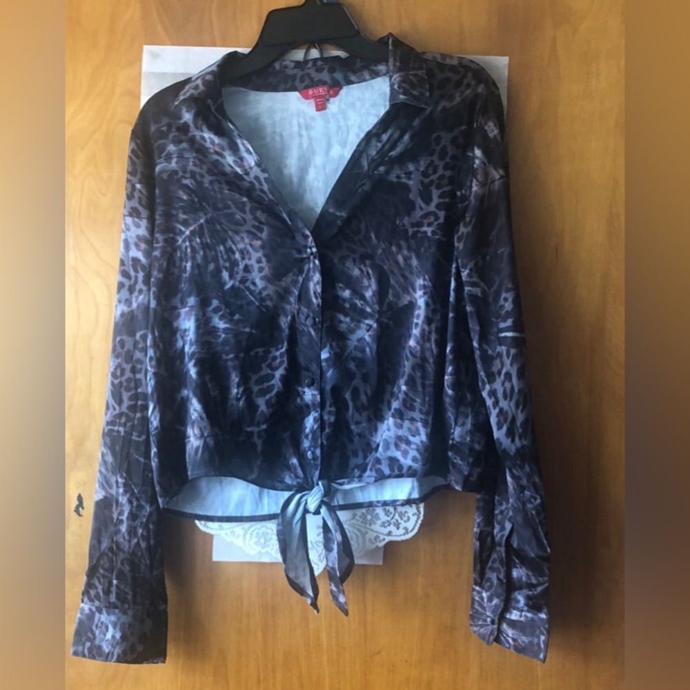 Guess Black and Gray Leopard Print Tie-Front Button-Down Blouse